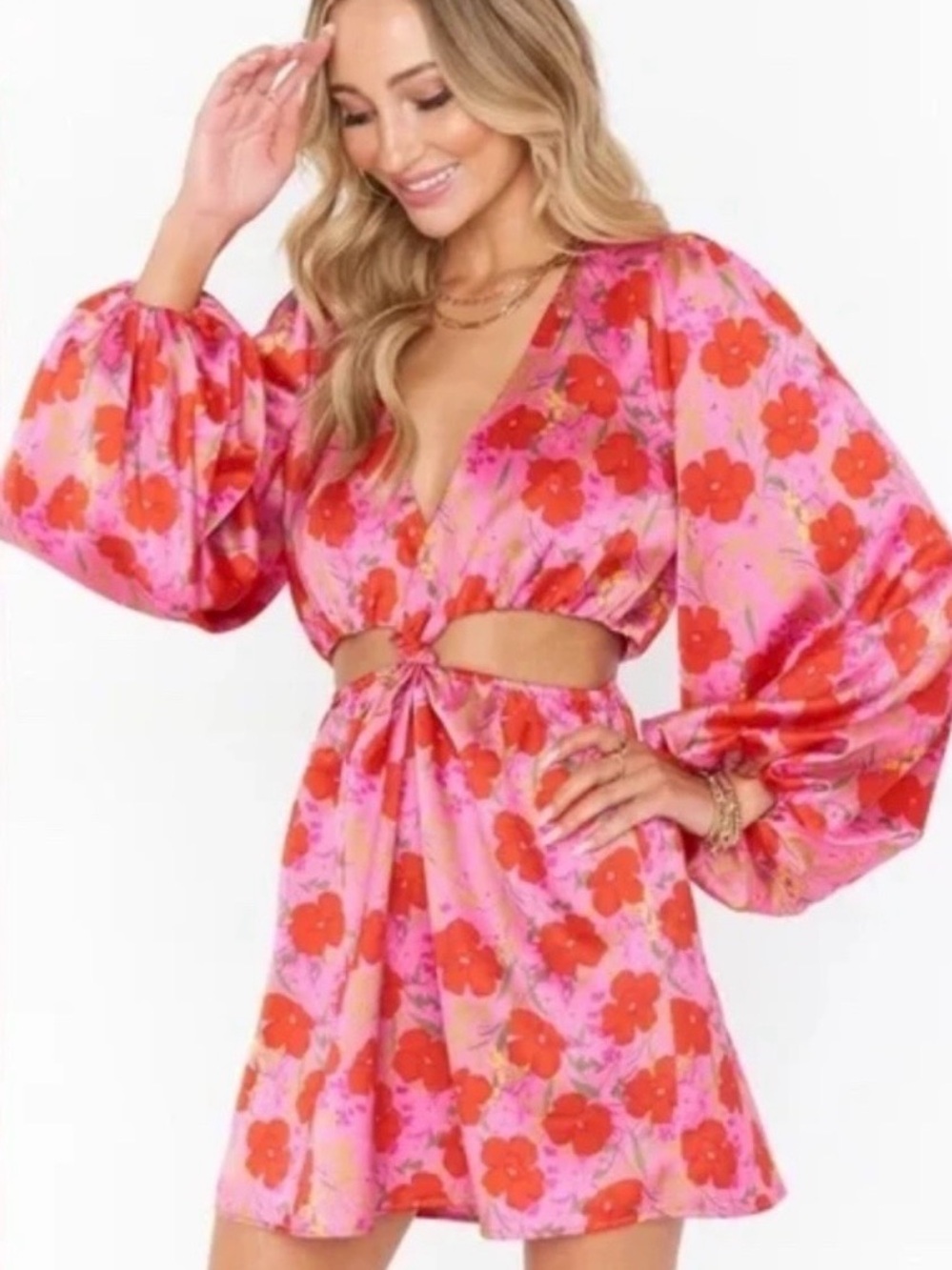Show Me Your MuMu Pink and Red Floral Cutout Mini Dress